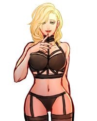 1female 1girls big_breasts black_legwear black_panties blonde_female blonde_hair blonde_hair_female bra curvy curvy_figure earrings female female_only garter_belt garter_straps glynda_goodwitch green_eyes lingerie lingerie_only long_hair long_hair_female looking_at_viewer milf mlacc older_female red_lipstick red_nails rwby seducing seductive seductive_eyes seductive_gaze seductive_look seductive_smile stockings thick_thighs thighs unseen_character unseen_male_face