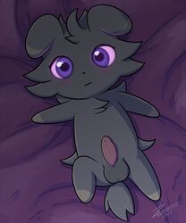 1boy 2017 animal_ears arms_up bed_sheet blush blush_stickers dated erection espurr expressionless from_above full_body furry looking_at_viewer lying male male_only no_humans nude on_back penis pokemon pokemon_(species) pokemon_xy purple_background purple_eyes signature simple_background solo spread_legs tail testicles text uncensored zekromlover