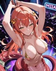 1girls ai_generated amber_eyes arms_above_head belly_button big_breasts bikini_top bikini_top_only blush breasts dancing female female_focus hair hair_ornament lamia large_breasts long_hair miia_(monster_musume) monster_girl monster_musume monster_musume_no_iru_nichijou moondroch navel nipple_cutout nipple_holes nipples pole pole_dancing pussy red_hair smile solo_focus stripper_pole uncensored uncensored_breasts uncensored_nipples uncensored_pussy uncensored_vagina