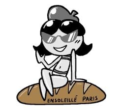 2010s 2018 alternate_form baguette belly_button black_hair domino_(nuclearmime) grey-skinned_female greyscale knick_knack legs_crossed midriff mime mime_girl mime_hat no_feet nuclearmime pixar pixel_art sitting sitting_on_food striped_bikini stubby_legs sunglasses sunnification thighs two_piece_swimsuit white_background