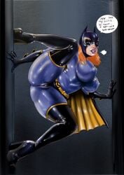 batgirl blue_clothing boots cape climbing english_text eyeshadow female female_only fully_clothed high_heels iron_doomer latex latex_clothing latex_gloves lipstick makeup mask masked platform_heels red_hair rubber rubber_clothing shiny_clothes speech_bubble superheroine text thigh_boots thigh_high_boots tight_clothing wedgie