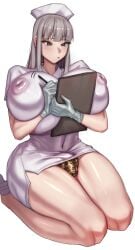 1futa artist_request big_breasts breasts bulge bulge_through_clothing cheetah_print futanari grey_hair huge_breasts massive_breasts nipple_bulge nipples nipples_visible_through_clothing nurse nurse_cap orrrca1701 solo