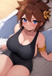 ai_generated angel angel_wings bike_shorts blue_eyes breasts brown_hair genderswap_(mtf) kid_icarus large_breasts nintendo pit_(kid_icarus) rule_63