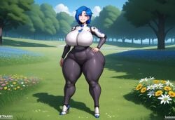 ai_generated ass big_ass big_breasts blue_hair breasts civitai curvy day flower front_view full_body hand_on_hip huge_ass huge_breasts looking_at_viewer purple_hair smg4 smiling standing tari_(smg4) tight_clothing