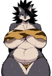 aerola ai_generated annoyed anthro anthro_female black_hair blue_eyes breasts_bigger_than_head chubby cleavage female_anthro female_focus female_furry furry furry_female furry_focus giant_breasts large_breasts looking_at_viewer majorfluffy mature_female milf nipple_outline saggy_breasts short_hair solo spiky_hair sweat sweaty thick_thighs tribal underboob wide_hips wolf wolf_girl