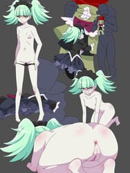 anus ass bangs bibury black_hairband black_panties black_skirt blunt_bangs censored clothing dogeza dress female flat_chest gothic_lolita green_hair hairband kirakira_precure_a_la_mode lolita_fashion lolita_hairband long_sleeves mosaic_censoring multiple_views nipples nude orz panties panty_pull poncho_s precure pretty_cure puffy_long_sleeves puffy_sleeves pussy short_hair standing stuffed_animal stuffed_toy twintails underwear undressing yellow_eyes