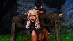 bent_over blonde_hair captured captured_heroine catgirl final_fantasy final_fantasy_xiv from_behind from_behind_position garlean heroine_in_trouble mascara mascara_tears miqo'te pillory rape raped raped_by_enemy running_mascara runny_makeup stockade tears