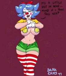 1girls 2017 ? abstract_background aqua_eyes bedroom_eyes blush blush_stickers breasts clown clown_makeup clown_nose curvy darkeros13 dated dialogue english_text facepaint female female_only front_view giggles_the_slutty_clown gloves hairbow highres hotpants human large_breasts legwear lipstick looking_at_viewer navel nipple_bulge open_smile original_character pasties red_lipstick seductive shiny_skin shirt_lift short_hair short_shorts shorts smile solo striped_legwear text thedarkeros thighhighs