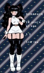 1girls black_hair caucasian female monmaamn original original_character reference_sheet solo_female tagme twitter wide_hips yellow_eyes