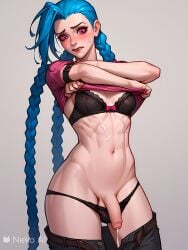 ai_generated arcane black_panties blue_hair bra cum_drip cum_on_body embarrassed flaccid flaccid_cock flaccid_penis futanari jinx_(league_of_legends) league_of_legends lingerie panties toned_female undressing