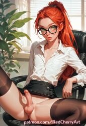 ai_generated crossdressing femboy feminine_male full_lips ginger glasses green_eyes office red_hair redcherryart shirt sissy sitting skinny skirt small_penis solo spread_legs stockings trap