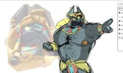 1boy 2d 2d_(artwork) anthro belly belly_button brawl_stars dog dog_ears egyptian_clothing eye_patch male male_only nipples overweight overweight_anthro overweight_male pointing pointy_ears ruffs simple_background supercell