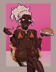 african african_female bikini dark-skinned_female eating_food gilf medium_breasts overwatch overwatch_2 sojourn_(overwatch) white_hair wide_hips