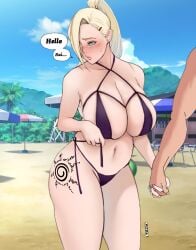 1boy 1girls absurdres beach bikini bikini_tug blonde_hair blue_eyes blush boruto:_naruto_next_generations breasts caught caught_cheating caught_in_the_act cheating cheating_wife commentary cuckold curvy embarrassed english_text female hair_over_one_eye halterneck high_ponytail highres holding_hands huge_breasts ino_yamanaka jnsdh large_breasts leg_tattoo looking_away looking_down mature_female micro_bikini milf naruto naruto:_the_last naruto_(series) naruto_shippuden navel netorare ntr offscreen_character offscreen_male outdoors parted_lips purple_bikini revealing_swimsuit skimpy skimpy_bikini sweatdrop swimsuit talking talking_to_another tattoo text thick_thighs thighs voluptuous walking white_background