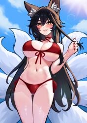 absurdres ahri animal_ear_fluff animal_ears bikini bikini_bottom bikini_top black_hair blue_sky breasts cleavage cowboy_shot day facial_mark female fox_ears fox_girl fox_tail highres jerrytz kitsune kyuubi large_breasts league_of_legends long_hair looking_at_viewer multiple_tails navel outdoors red_bikini red_nails sky solo sunlight swimsuit swimwear tail very_long_hair whisker_markings white_tail yellow_eyes