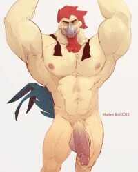 2023 abs anthro armpit_hair avian balls biceps bird bodily_fluids body_hair chicken darkwing_duck deltoids disney dripping ducktales erection front_view galliform gallus_(genus) genital_fluids genitals hairy_balls hands_above_head hi_res looking_at_viewer male male_only modern_bird muscular muscular_arms muscular_legs muscular_thighs navel nipples nude obliques pecs penis phasianid precum precum_drip pubes simple_background solo standing steelbeak triceps vein veiny_penis white_background