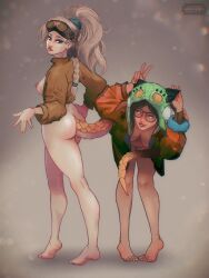 alma_(monster_hunter_wilds) ass blonde_female blonde_hair brown_hair buttplug buttplug_tail capcom chatacabra feet female female_only gemma_(monster_hunter_wilds) jacket monster_hunter monster_hunter_wilds no_pants no_underwear partially_clothed razorbladekitty silly tail_wrap tiptoes yian_kut-ku