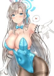 1girls animal_ears asuna_(blue_archive) asuna_(bunny)_(blue_archive) blue_archive blue_eyes blue_leotard blue_ribbon blush breasts cleavage closed_mouth covered_navel elbow_gloves fake_animal_ears gloves grey_hair hair_ornament hair_ribbon hairband heart highres large_breasts leotard long_hair looking_at_viewer mole mole_on_breast pantyhose playboy_bunny rabbit_ears ribbon sideboob simple_background smile solo sunsun2812 thighband_pantyhose white_background white_gloves white_hairband