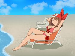 1girl 1girls ambyva armpits beach big_breasts bikini female female_only may_(pokemon) pokemon solo solo_female stretching