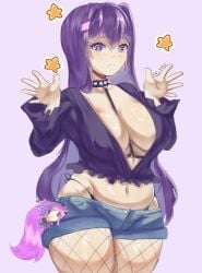 5_fingers big_breasts boobs breasts chibi collar doki_doki_literature_club fishnet_legwear fishnets heart-shaped_pupils inner_sideboob long_hair natsuki_(doki_doki_literature_club) navel purple_eyes purple_hair redraw short_shorts sour_yams spiked_collar star stars thong thong_peek yuri_(doki_doki_literature_club)