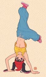 1girls ai_generated baggy_clothing baggy_pants beanie breakdancing flat_colors handstand kosine1777 kosineverse large_breasts nipple_peek nipple_slip nipples original original_character pink_streak tammy_(kosine1777) tank_top twintails upside-down