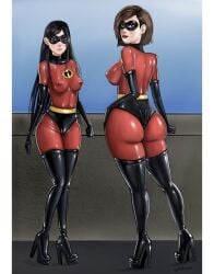 2girls barbell_piercing black_hair boots brown_hair elastigirl elbow_gloves female female_only fully_clothed gloves helen_parr high_heels iron_doomer latex latex_clothing latex_gloves long_gloves mask nipple_piercing nipples_visible_through_clothing piercing platform_heels rubber rubber_clothing shiny_clothes standing superheroine the_incredibles thigh_boots thigh_high_boots tight_clothing violet_parr