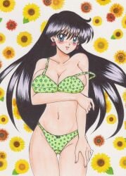 1990s_(style) absurd_res alluring big_breasts bishoujo_senshi_sailor_moon black_hair blue_eyes blush bow bow_panties bra earrings female female_focus floral_background flower green_bra green_panties high_res jewelry long_hair open_mouth panties rascal_(n119) rei_hino sailor_mars smile underwear