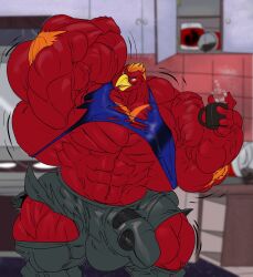 2022 absurd_res anthro avian balls beak big_balls big_muscles big_penis black_penis bottomwear cabinet clothing container cup erection fierglief flexing fur genitals growth hair hi_res holding_object huge_balls huge_cock huge_muscles hyper hyper_balls hyper_genitalia hyper_muscles hyper_penis inside male mug muscle_growth muscular open_mouth orange_hair pants penis red_body red_fur shirt solo topwear torn_clothing veiny_muscle