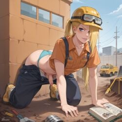 1boy ai_generated ai_slop_(low_quality_ai) blonde_hair blue_eyes construction_site construction_worker deidara femboy goth helmet leaking_cum looking_at_viewer naruto naruto_(series) on_knees pale_skin panties pubic_hair smirk solo_focus,