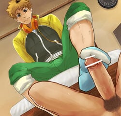 10s 2boys big_penis blonde_hair brown_eyes clothed_male_nude_male erection footjob footjob_with_legwear gay headphones headphones_around_neck letterman_jacket male male_only multicolored_hair multiple_boys nagachika_hideyoshi penis pubic_hair sockjob socks tokyo_ghoul two-tone_hair yaoi