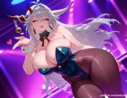 ai_generated asymmetrical_horns azur_lane balecxi bare_shoulders blowing_kiss cleavage curvy detached_collar earrings female hakuryuu_(azur_lane) heart highleg_leotard huge_breasts long_hair looking_at_viewer mole one_eye_closed pantyhose skindentation smile solo thick_thighs white_eyes white_hair wrist_cuffs