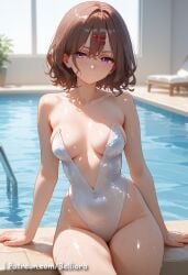 ai_generated ass belliora big_ass big_breasts blush blush breasts brown_hair brown_hair_female clothed clothed_female clothing female female_focus female_only fully_clothed fully_clothed_female hair hair_ornament hairclip hairclips higuchi_madoka idolmaster idolmaster_shiny_colors indoor_pool looking_away mostly_clothed mostly_clothed_female one-piece_swimsuit patreon patreon_username pool poolside purple_eyes shiny shiny_hair shiny_skin short_hair sitting_on_poolside solo solo_female solo_focus straight_face thick_thighs wet wet_body