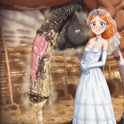 ai_generated barn big_balls big_penis blush breasts dress equine horse horsecock huge_cock orange_hair smegma suzie_q_(fellatrix) sweaty veiny wedding wedding_dress zoophilia