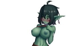 1girls 2d amber_(amber_embraces) amber_embraces annoyed beauty_mark big_breasts black_hair black_sclera blush blush breasts ear_piercing fangs female female_focus female_only game_cg goblin goblin_female gold_eyes hervi long_ears looking_at_viewer mole mole_under_mouth monster monster_girl nervous nipples piercing presenting presenting_breasts scar scars sharp_ears sharp_teeth shirt_lift short_hair tomboy transparent_background uncomfortable