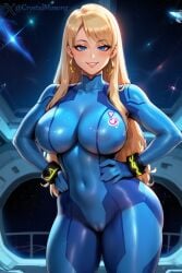 1girl ai_generated big_breasts blonde_hair blue_eyes busty crystal_(crystal_m) crystal_m curvy curvy_female female female_only hands_on_hips hoop_earrings looking_at_viewer marked_pussy original original_character samus_aran_(cosplay) seductive seductive_look shiny_skin smiling smiling_at_viewer solo_female solo_focus thick_legs thick_thighs tight_clothing touching_hip voluptuous voluptuous_female wide_hips zero_suit zero_suit_samus