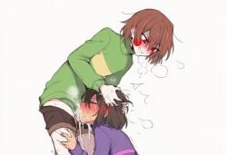 androgynous blowjob blush brown_hair chara chara_(undertale) charisk closed_eyes clothing cum cum_drip deepthroat drooling frisk frisk_(undertale) green_clothing green_sweater partially_clothed penis_in_mouth pulled_down_pants red_eyes saliva sex short_hair simple_background stripes stripped_clothes sweat sweatdrop tears thigh_grab undertale undertale_(series)