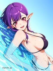 ai_generated bikini breasts elf elf_female esil_radiru facial_markings female long_hair looking_at_viewer medium_breasts pointy_ears proto_jp purple_eyes purple_hair sideboob solo_leveling water