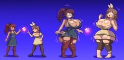 2girls ass_expansion body_size_growth breast_expansion growth huge_ass huge_breasts monster_girl monsterification prinnydood skin_color_change thick_thighs thigh_expansion transformation wide_hips