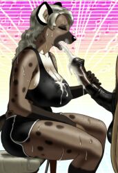 ai_generated anthro anthro_female athletic_clothes athletic_shorts big_balls big_cock big_penis black_penis blonde_hair brown_body brown_fur cfnm cleavage cuck_pov cum_in_mouth cum_on_clothes cum_on_penis cumshot excessive_cum female_anthro female_focus female_furry furry furry_female furry_focus giant_breasts hand_on_penis horsecock horsed long_hair majorfluffy mature_female milf neon_background nipple_outline ntr orgasm retrowave short_shorts shorts sitting spotted_hyena sweaty tank_top tanktop vaporwave