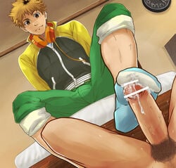 10s 2boys big_penis blonde_hair brown_eyes clothed_male_nude_male cum erection footjob footjob_with_legwear gay headphones headphones_around_neck letterman_jacket male male_only multicolored_hair multiple_boys nagachika_hideyoshi penis pubic_hair sockjob socks tokyo_ghoul two-tone_hair yaoi