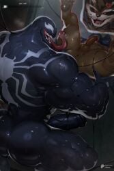 anthro anus ass balls barazoku big_butt big_muscles big_penis black_penis brown_body brown_fur bubble_butt duo erection facial_markings fur gameplay_mechanics genitals glans guardians_of_the_galaxy gui head_markings health_bar hi_res huge_cock humanoid humanoid_genitalia humanoid_on_anthro humanoid_penis interspecies long_tongue magangz male male/male male_on_anthro male_on_humanoid mammal markings marvel marvel_rivals mask_(marking) muscular muscular_anthro muscular_male penis procyonid raccoon rocket_raccoon sharp_teeth symbiote teeth thick_thighs tongue venom_(marvel) whiskers