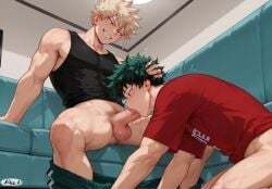 1ace1 2boys ai_generated balls blowjob boku_no_hero_academia gay holding_head izuku_midoriya katsuki_bakugou male male_only my_hero_academia penis pubic_hair shorts_down tank_top yaoi