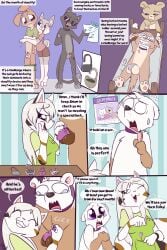 balls bear calico_cat chastity_cage chastity_device clothing comic dialogue domestic_cat dress duo english_text felid feline felis female fuf genitals group hi_res lagomorph leporid locktober male mammal nude penis rabbit selene_blackcat text