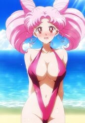 1girl 1girls aged_up ai_generated alluring bare_legs beach big_breasts bikini bishoujo_senshi_sailor_moon blue_sky blush chibi_usa cleavage hands_behind_back magenta_eyes ocean pink_hair sepia_tone_(artist) sling_bikini twintails upset