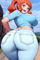 ai_generated ass ass ass_focus big_ass big_breasts blue_eyes blush busty creatures_(company) curvy denim_jeans female female female_only from_behind game_freak hi_res highres huge_ass jeans light_jeans looking_back midriff nintendo orange_hair outdoors pants pokemon pokemon_(game) pokemon_ss pokemon_trainer seraphim_ai side_ponytail smile solo sonia_(pokemon) stable_diffusion thick_thighs tied_shirt tight_jeans
