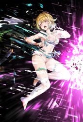 1girls accidental_exposure ahoge alternate_costume angry armpits attack bangs bare_arms bare_shoulders bare_thighs barefoot battle_damage black_background blonde_hair blue_nails blush breasts broken broken_weapon cape chest_sarashi cleavage closed_eyes clothes_lift collarbone crying defeated earrings elbow_gloves exploding_clothes explosion female female_only female_pubic_hair fingerless_gloves fire_emblem fire_emblem_heroes fjorm_(fire_emblem) fjorm_(ninja)_(fire_emblem) flower gloves gradient_hair hair_flower hair_ornament highres holding holding_weapon humiliation incoming_attack jewelry knife kunai looking_to_the_side mask mask_on_head medium_breasts multicolored_hair nail_polish navel nervous ninja nintendo nipples nude nude_female official_alternate_costume open_mouth panties pelvic_curtain pelvic_curtain_lift pubic_hair sandals sarashi scared serious short_hair shuriken skirt_lift slashing solo speed_lines sweat sword teeth thighhighs thighs torn_cape torn_clothes torn_gloves torn_shorts torn_thighhighs tsukishiro_saika underwear unworn_sandals upskirt v-shaped_eyebrows wardrobe_malfunction weapon white_gloves white_mask white_panties yellow_hair zouri