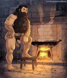 2024 arm_hair balls beard belly_hair black_hair bodily_fluids body_hair bruteandbrawn cooking delicious_in_dungeon dripping dwarf erection facial_hair fire fireplace foreskin furniture genital_fluids genitals hair hairy_balls hairy_legs hairy_shoulders hairy_stomach holding_object human leaking_precum long_beard looking_at_viewer male male_only mammal moustache not_furry nude nude_male one_leg_on_ground penis precum precum_drip pubes retracted_foreskin senshi_(delicious_in_dungeon) solo solo_male stone_floor stone_wall stool sweat sweatdrop vein veiny_penis wall_(structure) watermark