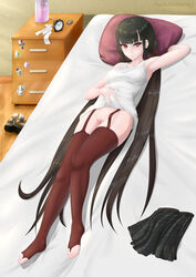 10s armpits bedroom blush breasts brown_hair danganronpa feet harukawa_maki long_hair long_twintails lying medium_breasts new_danganronpa_v3 newovermind no_panties on_bed pussy red_eyes red_legwear shoes_removed skirt_removed straight_hair thighhighs toeless_legwear toes twintails uncensored