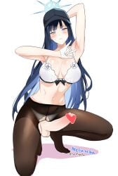 1futa balls bangs big_breasts big_penis blue_archive blue_hair breasts clothed clothing crotchless erection futa_only futanari hat human kneeling light-skinned_futanari light_skin long_hair nebaneba pantyhose partially_clothed penis saori_(blue_archive) smooth_balls smooth_penis solo squatting torn_clothes