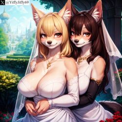 2girls ai_generated animal_ear_fluff animal_ears anthro artist_name blonde_hair breasts bridal_veil bride brown_eyes brown_hair canine cleavage detached_sleeves dog_girl dress flower fox furry furry_female hair_between_eyes hug hug_from_behind jewelry large_breasts long_hair multiple_girls necklace outdoors smile snout stable_diffusion tail twitter twitter_username veil watermark wedding_dress white_dress wife_and_wife yiffyjiffy69 yuri